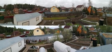 Мама по осени приобрела себе 6 соток. Сам пока не дорос до грядок, вызвался только по строительству и ремонту. В октябре залез на баню подлатать крышу. Попутно сделал панорамный снимок участка. Вчера сфотографировал то что уже успели нагородить.