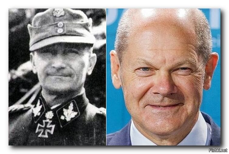 Группенфюрер СС фон Шольц, которому злые русские в 1944 под Нарвой отстрелили жбан, и канцлер Германии Олаф Шольц, которого очень смешил геноцид русских на Донбассе. Это не просто сходство - это дед и внук. Дед лично участвовал в казнях граждан СССР в Украине. Своих дедов достойные подонки...