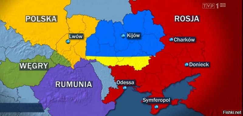 Карта “раздела Украины”, демонстрировавшаяся по польскому ТВ ещё до начала спецоперации ВС РФ.