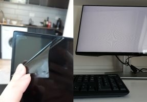 Хорошая новость в том что монитор у неё по прежнему работает, и она сможет работать за ним если прикупит очки с поляризующими стеклами 

я вот сам такое делал специально из старого монитора - аккуратно снимал эту пленку, но я не знал что продаются готовые очки - я покупал поляризующую пленку для телефонов и вырезал из неё кругляши что бы наклеить на стекла обычных очков, если всё сделать правильно то у тебя поулчается "шпионский монитор" видеть изображение на котором можно только в очках  - для других будет только белый экран как на фото
