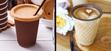 Насчет вафельных стаканов для кофе - это уже скоро повседневность. Производитель заверяет, что стакан не протечет на протяжении 60 минут и температуры до 100 град.С

Даже есть уже разработка вафельного стакан с вафельной крышкой.

Есть после выпивания или выкинуть - решать тебе)