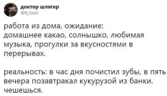 Третий год на удаленке. Всё вполне вписывается в первичную парадигму. Ток вместо какавы, вискарик маленькими глоточками. Просто автор поста свиня, тут уж ничего не попишешь, он бы и в офисе чесался и жрал банку кукурузы на обед.