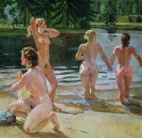 >>Период смены политического направления обычно сопровождается и изменениями в культуре и искусстве. Те темы, что ранее находились под строгим запретом, теперь выводят на передний план.<<

Посмотреть на полотна А А Дейнека не создается ощущения каких-то изменений и снятий запретов
"Купальщицы" 1941г и одноименная картина 1952г