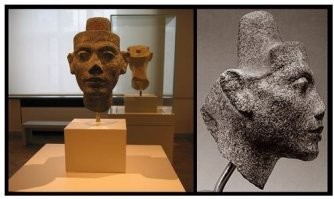 я не египтолог, но где то читал что это просто копия с настоящего бюста (фото внизу), а эту копию сделали под старину для музея, по легенде её нашли в песке у реки, а там известняковая заготовка оштукатуренная гипсом, она бы и 30 лет не сохранилась, а не 3000