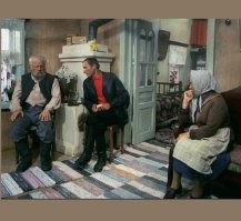 "Калина красная".

"Всё в порядке! Идёт! В красной рубахе   как палач! Вот теперь заживем! По внутреннему распорядку!"
"  И сколько сейчас дают за недоразумение?
  Пять.
  Мало, раньше больше давали."
"Да я Стахановец - вечный! У меня 18 похвальных грамот...
У шкавчику..."