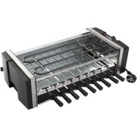 Знаю несколько типов электрошашлычниц:
- горизонтальные шампуры расположенные в горизонтальный ряд.
- горизонтальные шампуры расположенные в вертикальный ряд.
- вертикальные шампуры расположенные по кругу. Наиболее компактны, с электроприводом шампуров.
Первого типа была у брата, но отсутствие нужного аромата ломала весь кайф.
С вертикальными шампурами были достаточно популярными, да и появление ароматических подливок способствовало этому.