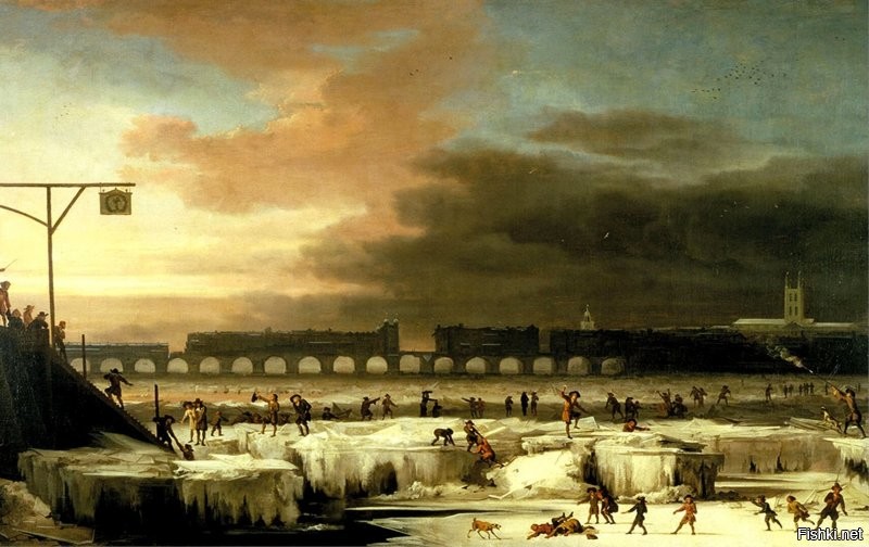 В 18 веке погода была несколько иной.
Бейлби Портеус, епископ Лондонский  в 1788 году  записал, что год был примечателен "очень сильными морозами в конце года, из-за которых Темза была настолько полностью замерзшей, что мы с миссис Портеус прошли по ней от Фулхэма до Патни".  В ежегодном реестре было записано, что в январе 1789 года река была "полностью замерзшей, и люди ходили по ней взад и вперед с установленными на ней ярмарочными киосками, а также кукольными представлениями и каруселями". 

Темза замерзала в Лондоне, включая: 1408, 1435, 1506, 1514, 1537, 1565, 1595, 1608, 1621, 1635, 1649, 1655, 1663, 1666, 1677, 1684, 1695, 1709, 1716, 1740, 1776, 1788, 1795, 1814...
Это Темза, а более мелкие реки?

Картина "Замерзшая Темза"