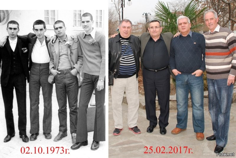Привет из Болгарии! Это мы как ребята, когда пошли в армию, а потом снова, на нашу встречу через 44 года. Я третий слева направо. Сейчас мы снова такие же...