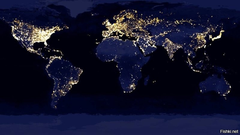 Вот очень примерная карта ночной иллюминации Земли. Да, это электрическое освещение городов, но в цвете))))