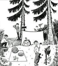 Посмотрите на эту картинку и ответьте на вопросы:

Сколько человек живёт на данный момент в этом лагере?
Когда они приехали (сегодня или несколько дней назад)?
На чём приехали туристы?
Далеко ли находится лагерь от ближайшего населённого пункта?
Откуда дует ветер: с юга или с севера?
Какое время суток изображено?
Куда делся Шура?
Кто вчера дежурил (имя)?
Какое число изображено (день, месяц)?