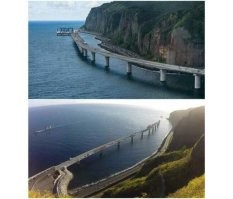 Сразу заметила, что это вообще не мост. Это виадук взамен прибрежной дороги. Точнее опасного участка на обрыве. Видно же остатки старой дороги, заваленные оползнями и камнепадами. Нечто похожее сделано на острове Реюньон. Только больше и дороже. Там та же причина заставила вынести дорогу в океан- оползни и угроза машинам