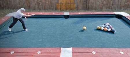 Кстати, вполне зачетно!
Ровную площадочку (только чуть побольше наверное) с бортиком, лунки притопить.
Играть ногами по футбольным мячам, а правила бильярда