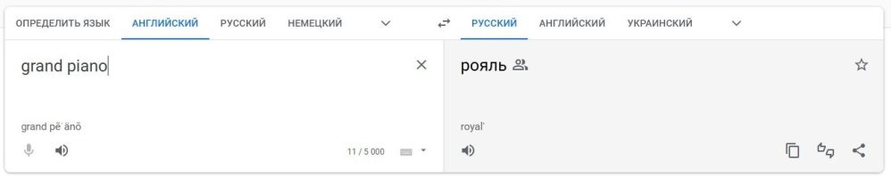 Некоторые словосочетания нужно переводить не каждое слово по отдельности, а именно как словосочетание :) И даже если перевести корректно, то на картинке все равно не просто рояль, а кабинетный рояль. Концертный рояль намноооооого больше.
Есть такой термин: