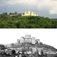 Где там историки расходятся во мнениях? Вполне достоверно известно, что корабли и музей сожгли в ночь с 31 мая на 1 июня 1944 года отступающие немецкие войска. Итальянцы после войны пытались требовать с Германии компенсацию за этот «сознательный акт вандализма».
Кстати, немцы много где отметились вандализмом. Что они творили у нас вы все и так знаете, но первые "подвиги" они начали совершать еще в Первую мировую войну, например, 27 марта 1917 года отступающие немецкие войска по приказу генерала Людендорфа взорвали крупнейший средневековый замок Франции Куси. Взорвали просто так, без всякой военной необходимости. Разрушение замка, который считался выдающимся памятником средневековой архитектуры, было бессмысленным с военной точки зрения и вызвало взрыв общественного негодования во всем мире. На фото замок до ПМВ и то, что от него осталось после подрыва.
