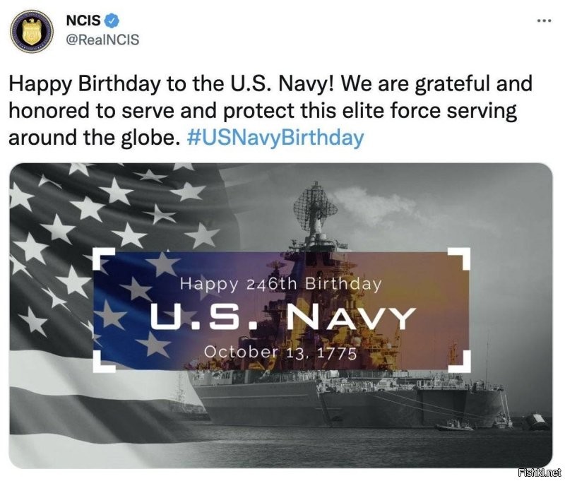И чего? Вот вам американское поздравление с их днем ВМФ. Все бы ничего, но авторы разместили не нем фотографию российского крейсера "Петр Великий".