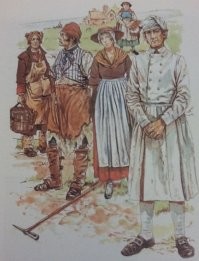 Как ни странно это слышать русскому лапотнику, но это действительно так и было. Ниже на картинках костюмы представителей английских рабочих профессий 18-19 века: пастухи, доярки, сельскохозяйственные и промышленные рабочие, шахтеры и т.д. Как видим, никаких лаптей ни кого нет, все обуты в модные туфли, какие на Руси в то время были доступны только аристократам.