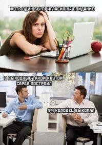 Все бабы только об одном и думают.
А мужики всё по хозяйству, всё по хозяйству...