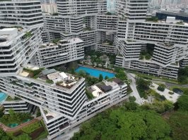 Победитель номинации «Здание года» - The Interlace / Сингапур

Жилой квартал Interlace. Его проект разрабатывали сразу в двух странах: в голландской студии OMA и в бюро немецкого архитектора Оле Ширина. Interlace состоит из объединенных между собой 6-этажных блоков, опирающихся друг на друга и вмещающих по 31 квартире. Сложная система опор и перекрытий позволила разбить на свободных крышах комплекса сады.
