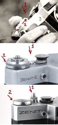 Вот тебе ещё для наглядности: 
Стрелки 1 - спусковая кнопка, которая должна быть хорошо видна на фото с Джексоном, если бы у него был ЕМ, но там ничего нет. Потому, что ее там и не было, так, как это Зенит Е. 
И стрелка 2: если присмотреться, то на диске счётчика кадров на фото с Майклом хорошо видно выпирающую насечку. Которая была на модели Е, но уже не было на модели ЕМ.