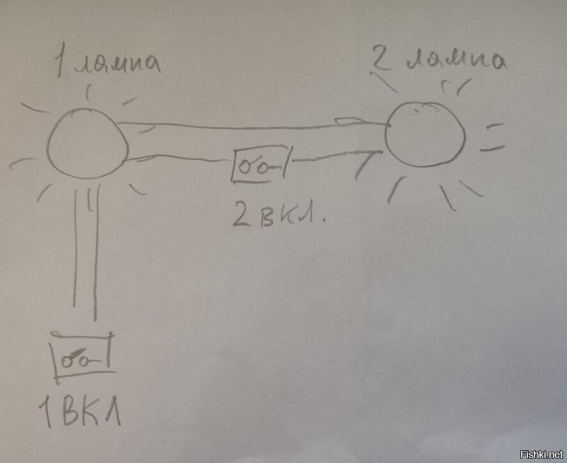 Как смог нарисовал, пока не включен второй, вторая лампа не горит