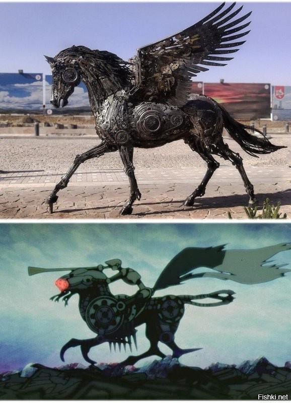 механический Пегас на первой фотке здорово похож на метафоричного вестника войны на железном коне из Аниматрицы:
