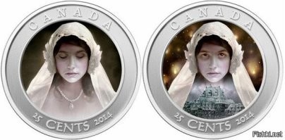 Канадский королевский монетный двор представил первую серебряную монету серии «Привидения Канады» - «Призрак невесты». Согласно преданию, в 1930-х годах в отеле «Фермонт Банф Спрингс» (Fairmont Banff Springs), который находится в канадском национальном парке Банф, во время свадебного торжества трагически погибла невеста. После ее смерти постояльцы отеля стали часто видели призрак девушки в подвенечном платье - идущей по лестнице или танцующей в одиночестве. На аверсе отчеканен портрет Ее Величества королевы Великобритании Елизаветы II работы Сюзанны Блант (Susanna Blunt). Слева полукругом выгравирована надпись - «ELIZABETH II». Справа, также полукругом, написано - «D G REGINA». На реверсе находится голографическое изображение невесты в подвенечном платье. При изготовлении монеты использована специальная технология: благодаря линзам, при наклоне монеты, изображение на ней изменяется – невеста открывает глаза, становится виден отель. В верхней части монеты полукругом выгравирована надпись – «CANADA». Внизу, также полукругом, указан номинал и год чеканки – «25 CENTS 2014».