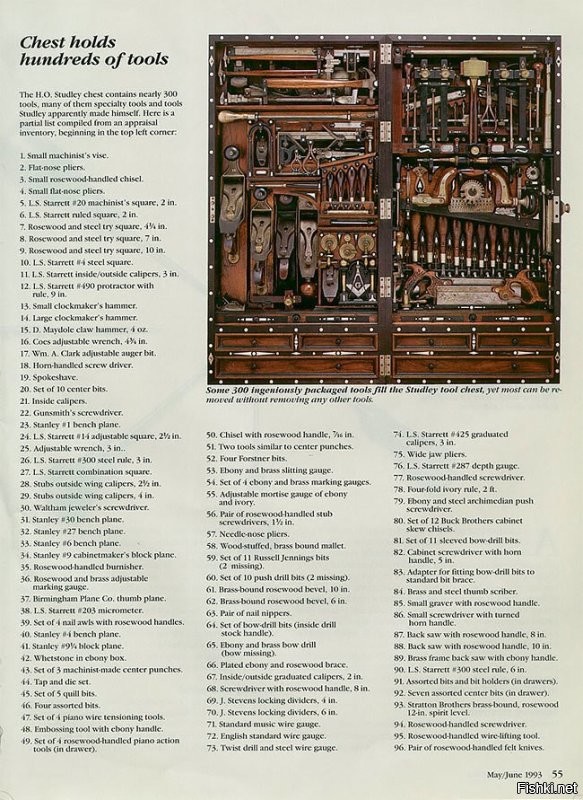 Если мастерство в изготовлении сундука для инструментов является показателем таланта мастера, то мастерство плотника Х.О. Стадли должно было внушать благоговение. Великолепный настенный сундук, который вы увидите ниже, он построил, когда работал в американской компании Poole Piano Company.
В дубовом грейферном ящике, отделанном палисандром, черным деревом, жемчугом и слоновой костью, Стадли хранил как инструменты собственного изготовления, так и коллекцию лучших ручных инструментов, созданных до начала 20 столетия. Здесь был полноценный набор инструментов для деревообработки, а также приспособления для механиков и каменщиков.
Чтобы упаковать три сотни предметов в футляр шириной всего 50 сантиметров, длиной 1 метр и глубиной 25 сантиметров, Стадли разработал механизм с откидными лотками, раскладывающимися уровнями и скрытыми отделениями.
Последним владельцем удивительного ящика для инструментов был некий Пит Хардвик. Сундук перешел в семью его деда по завещанию самого Х.О. Стадли. В своем время Хардвик выменял заветный футляр у своего брата, отдав за него седан Ford 1934 года...