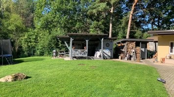 Забор все портит , а так красиво . Это наше , Баню не успели перекрасить .