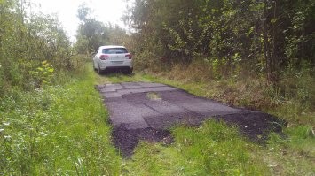 Фотография из личного архива! :) Кусочек асфальта в лесу, на проселочной дороге. 

p.s. на самом деле рядом проходит трасса на которой обновили полотно и по всей видимости остатки асфальта по окончанию работ решили залить ямы к прилегающим проселочным дорогам!