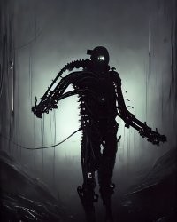 вот пример .... задал нейросети такие параметры - "Horrifying tsutomu nihei blame biomechanoid, unreal engine, 8 k, ultra realistic, ultra detail, giger, Hyper realistic oil painting of a cybernetic assassin, futuristic, fog, volumetric lighting, nighttime, moonlight, creepy, by greg rutkowski" .... вот результат ... картинки выдал