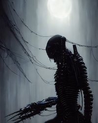 вот пример .... задал нейросети такие параметры - "Horrifying tsutomu nihei blame biomechanoid, unreal engine, 8 k, ultra realistic, ultra detail, giger, Hyper realistic oil painting of a cybernetic assassin, futuristic, fog, volumetric lighting, nighttime, moonlight, creepy, by greg rutkowski" .... вот результат ... картинки выдал