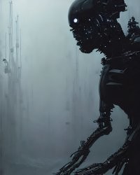 вот параметры для ИИ - "Horrifying tsutomu nihei blame biomechanoid, unreal engine, 8 k, ultra realistic, ultra detail, giger, Hyper realistic oil painting of a cybernetic assassin, futuristic, fog, volumetric lighting, nighttime, moonlight, creepy, by greg rutkowski" .... не очень много ... а вот результат ... картинки .... малая часть из трехсот вариантов
