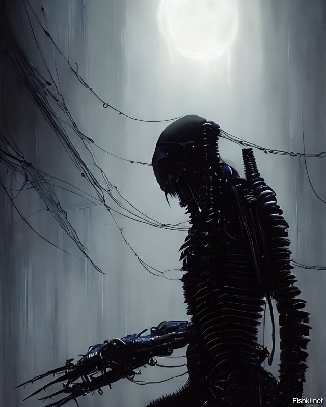 вот параметры для ИИ - "Horrifying tsutomu nihei blame biomechanoid, unreal engine, 8 k, ultra realistic, ultra detail, giger, Hyper realistic oil painting of a cybernetic assassin, futuristic, fog, volumetric lighting, nighttime, moonlight, creepy, by greg rutkowski" .... не очень много ... а вот результат ... картинки .... малая часть из трехсот вариантов