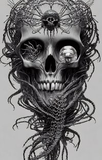 вот такой запрос ИИ и вот результат - картинки ... а вот запрос Goddess portrait skull, octopus, jellyfish butterfly phoenix head. bio-mechanical bio-luminescence, intricate artwork by tooth wu and wlop and beetle, a highly detailed epic cinematic concept art cg render digital painting artwork scene. by greg rutkowski, ilya kuvshinov, wlop, stanley artgerm lau, ruan jia and fenghua zhong, trending on artstation, made in maya, blender and photoshop, octane render, excellent composition, cinematic dystopian brutalist atmosphere, dynamic dramatic cinematic lighting, aesthetic, very inspirational, arthousebio-mechanical bio-luminescence, intricate artwork by tooth wu and wlop and beeple. a highly detailed epic cinematic concept art cg render digital painting artwork scene. by greg rutkowski, ilya kuvshinov, wlop, stanley artgerm lau, ruan jia and fenghua zhong, trending on artstation, made in maya, blender and photoshop, octane render, excellent composition, cinematic dystopian brutalist atmosphere, dynamic dramatic cinematic lighting, aesthetic, very inspirational, arthouseб goddess unearth creature masked portrait. jellyfish phoenix head, nautilus, butterfly, skull, ice and fire, bioluminiscent creatures, intricate artwork by tooth wu and wlop and beeple. octane render, trending on artstation, greg rutkowski very coherent symmetrical artwor, . cinematic, hyper realism, high detail, octane render, 8k"