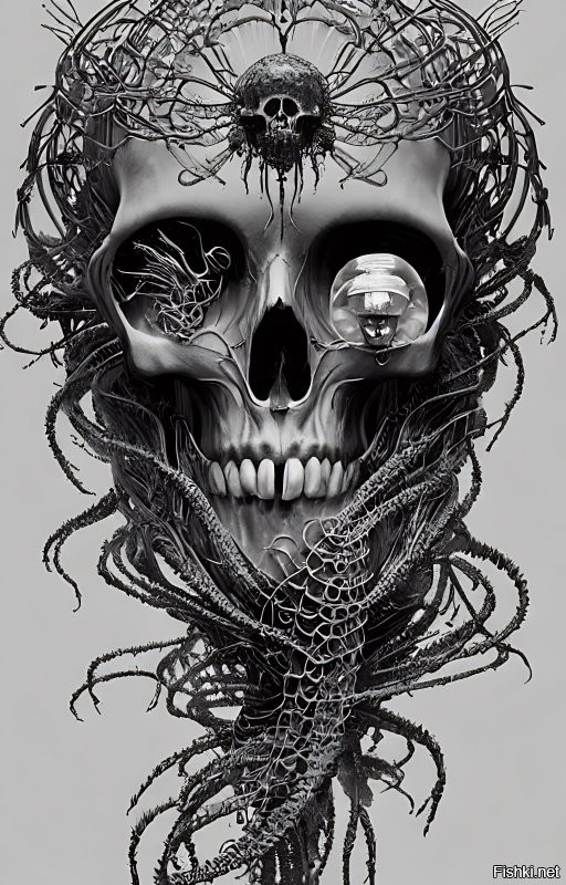 вот такой запрос ИИ и вот результат - картинки ... а вот запрос Goddess portrait skull, octopus, jellyfish butterfly phoenix head. bio-mechanical bio-luminescence, intricate artwork by tooth wu and wlop and beetle, a highly detailed epic cinematic concept art cg render digital painting artwork scene. by greg rutkowski, ilya kuvshinov, wlop, stanley artgerm lau, ruan jia and fenghua zhong, trending on artstation, made in maya, blender and photoshop, octane render, excellent composition, cinematic dystopian brutalist atmosphere, dynamic dramatic cinematic lighting, aesthetic, very inspirational, arthousebio-mechanical bio-luminescence, intricate artwork by tooth wu and wlop and beeple. a highly detailed epic cinematic concept art cg render digital painting artwork scene. by greg rutkowski, ilya kuvshinov, wlop, stanley artgerm lau, ruan jia and fenghua zhong, trending on artstation, made in maya, blender and photoshop, octane render, excellent composition, cinematic dystopian brutalist atmosphere, dynamic dramatic cinematic lighting, aesthetic, very inspirational, arthouseб goddess unearth creature masked portrait. jellyfish phoenix head, nautilus, butterfly, skull, ice and fire, bioluminiscent creatures, intricate artwork by tooth wu and wlop and beeple. octane render, trending on artstation, greg rutkowski very coherent symmetrical artwor, . cinematic, hyper realism, high detail, octane render, 8k"