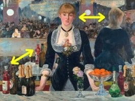 С бутылками конечно косяк, и наклон тела в другую стору, но !!! 1. на какого то мужика - если не придираться к пропорциям, то мужик в отражении и не виден напрямую (может мужик огромный, а она миниатюрна), и на картине прямо, в зеркале в сторону - тут все верно, не вижу явных ошибок геометрии - математической точности требовать нельзя, но в целом все верно. Заметил еще ошибки, но в в этих двух автор не прав.