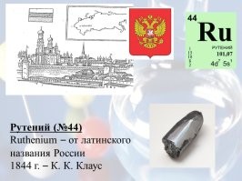 Это хохлы еще про рутений не знают.
"...Первооткрыватель элемента К. К. Клаус назвал рутений в честь России (Ruthenia   латинское название Руси). Название «рутений» было предложено в 1828 году Г. В. Озанном для элемента, который он по ошибке принял за новый элемент, и Клаус, действительно открывший новый элемент в 1844 году, дал ему это название..."
Источник: