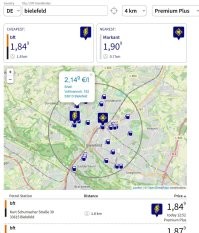 Идем сюда:

И узнаем, что вот прямо сейчас цены в Белифельде болтаются от 1.84 до 2.14, т.е на 30 центов в пределах одного города. А Вы мне втираете про максимальный разброс в 2-3 цента.
Зачем надо было сразу сочинять про житиё в Германии? Ну, или у Вас нет машины.