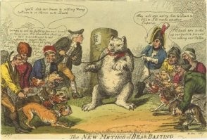 Вы более поздний вариант привели. Это уже период второй опиумной войны (1856 г.), где Россия помогала Китаю. А вот у меня сохранился карикатурный плакатик из английской агитки на подписание Тильзитского мира 1807 года. А когда была на выставке, то видела очень много самого разнообразного задолго до этого времени. И почти везде как раз с медведем и олицетворяли Россию. 
  Кстати вот ещё вариант времён опиумных войн. Тоже весьма интересная карикатура. Иностранная. Кажется из французской газеты. Это про конфликт 1899-1901 годов. Самое интересное, что конфликт начался с разгрома посольского квартала в Пекине, когда началась компания против всех христиан. И тогда российские войска помогли, собственно в основном они защитили международных послов и действовали они как раз вместе с немецким, французскими и прочими европейскими войсками. Но когда Россия усилила нажим, отстаивая уже свои личные территории и КВЖД, то европейские херои сразу повернули оглобли. И позже, когда Россия не участвовала уже в никаких активных действиях, как раз австрийцы и англичане совершали карательные рейды устрашения и убивали просто для острастки простых жителей. Карикатурок на этих карателей нет и не было, а мы вот- очень плохие и агрессивные дикие зверюги. Так то.