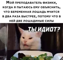 Конечно идиот. 
Зависимость квадратичная.
Беременная лошадь поскачет быстрее лишь в 1.41 раза.
В два раза быстрее необходимо 4 л.с.
Т.е. быть беременной 3 жеребятами.
Неучи.