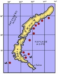 И последнее...
Карта захоронения реакторов Атомного ледокола "Ленин", подводных лодок.
3. Залив Цивольки - 3 реактора ледокола «Ленин»,
5. Залив Степового - ПЛА «К-27», 2 реактора. Подводная лодка «К-27» затоплена в 1982 г.. глубина 33 метра.    
6. Залив Абросимова - 8 реакторов
11. Реакторы с атомных ПЛ были захоронены в 1965,