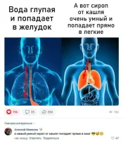 не надо показывать своё невежество такими мемами - сироп для того пьют, чтобы он "покрыл",  "смазал" слизистую, а не попал в желудок. Это не питьё, а смазка.