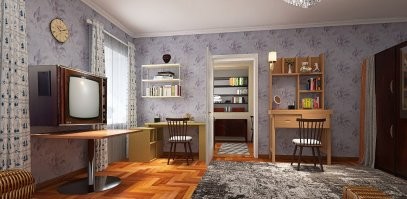 У нас в 80-е телевизор висел на стене. Не плоский.  Очень даже пухленький, в его коробке я играла некоторое время, забираясь в нее целиком. Просто в старом доме было мало места, а стены очень толстые, почти метр. Пробили две дырки, вставили две трубы, на них поставили телевизор. Мы же не американцы - держать телик на полу и смотреть там же...