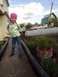 из крышек сделали клумбу для пионов на даче