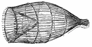 Несмотря на то, что сам не рыбак, но прекрасно помню, как ловили на подобные приспособления. Называется ловушка или Верша. Их плели своими руками из мелких прутьев по весне, пока прутья имели достаточную гибкость. Погружали же их в местах, где наибольшее течение, либо на прикормленных местах. 
Насколько понимаю, этому методу также многие сотни лет