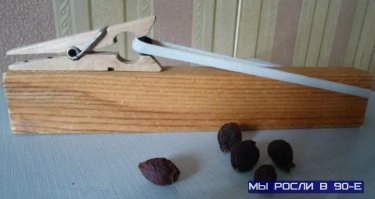 не нашел более похожего, но выпилив из доски +- ружбайку, резинку не от труселей, а труЪ эластичный бинт, заряжая сей девайс зелёной вишней, самое то в "войнушках"