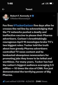 "Fox увольняет TuckerCarlson через пять дней после того, 
как он перешел красную линию, признав, что телеканалы продвигали смертельную и неэффективную вакцину, чтобы угодить своим рекламодателям из Pharma. Потрясающе мужественный монолог Карлсона от 19 апреля нарушила два самых важных правила телевидения: Таккер сказал правду о том, как жадные рекламодатели из фармацевтической отрасли контролируют содержание телевизионных новостей, и он высмеял подобострастных новостных ведущих, продвигающих уколы, которые, как они знали, были смертельными и бесполезными. В течение многих лет у Такера была самая большая аудитория в стране, среднее количество зрителей составляло 3,5 миллиона, что в 10 раз превышает размер аудитории CNN. Fox только что продемонстрировал ужасную силу Big Pharma".