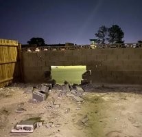 Не врезался, а ударил ногой и убежал... Судя по отсутствию в кладке раствора.
