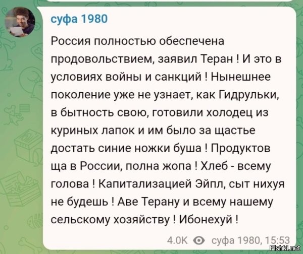 1980, я так понимаю, год рождения. "Ножки Буша", никогда не были синими (в отличии от отечественных). Они всегда были толстые и румяные. По поводу куриных лапок, так я до сих пор их использую, когда варю холодец. Желе получается более плотное. Я понимаю, что хотел(а) сказать Суфа, но вот такие косяки портят всю картинку. Создаётся ощущение, что какой-то профан, через губу учит меня жить. Если он очевидно врёт то про одно, то про другое, то и к выводам доверия нет.