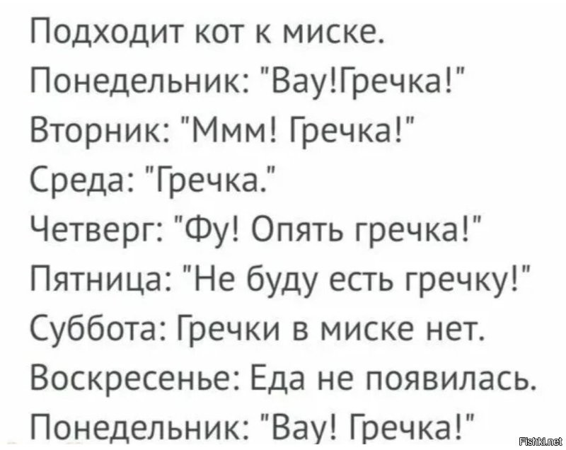 Была история у батиного сослуживца. 
Ему мама кота оставила, ещё в советские годы, на месяц. В санаторий поехала. 
Забила ему морозилку спинками минтая, ибо котик, ничего другого не признавал. 
Через месяц она увидела картинку, как кот, с громким мявом, чуть-ли не с ножа, шкурки от картошки срывал и жрал. 
Ибо дядька тот, сам, преспокойно тот минтай съел. И никаких особых разносолов для кота не делал. Что сам ел, тем и кормил.